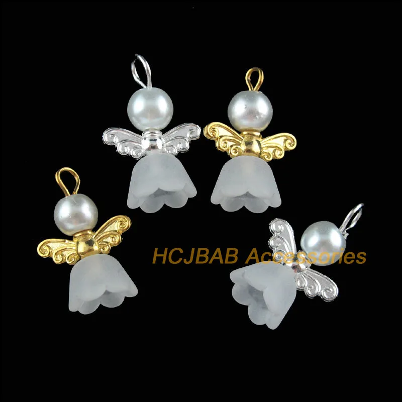 20Pcs Retro Gold Silver Plated White Acrylic Angel Charms Pendants 14x19mm