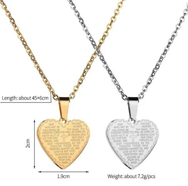 Men Women Fashion Simple Heart Shape Carved Bible Text Pendant Necklace Couple Pendants Christian Accessories