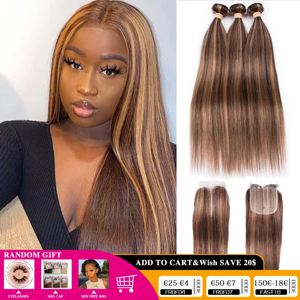 Tissage en Lot Brésilien Naturel avec Closure, Cheveux Lisses, 4x4, P4 27