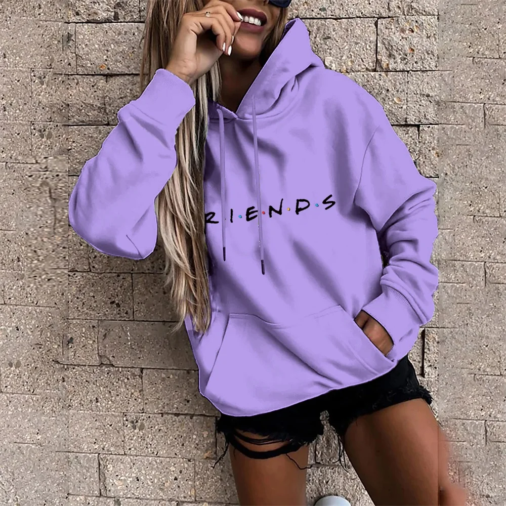 Hoodie Women\'s Harajuku Base Loose Large Pocket Long Sleeve Hooded Pullover Friends Graphic Print Fashion Sports Pullover Tops