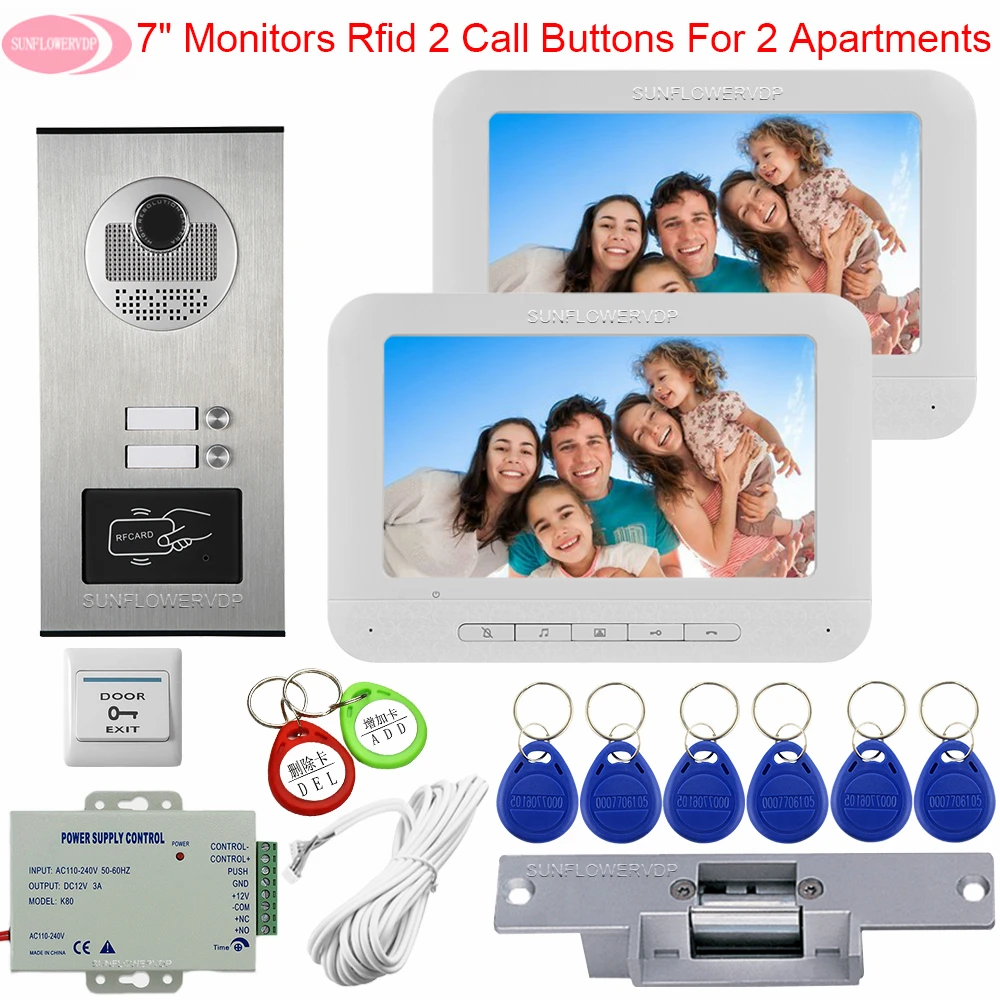 

7inchs White Intercoms For A Private House With A Electric Strike Lock Home Intercom Access Control 2 Monitors Video Door Phone