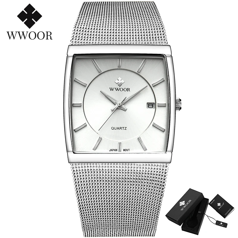 Reloj Hombre WWOOR Men Square Watches Slim White Watch Men Steel Mesh Waterproof Business Date Quartz Wrist Watch Gift Male xfcs