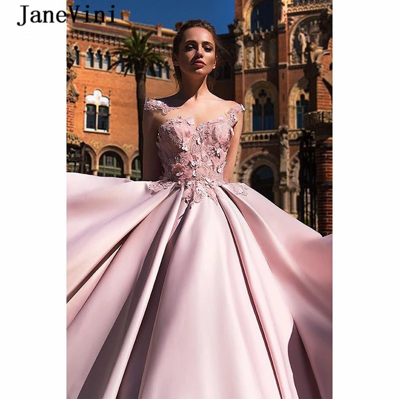 JaneVini Elegant A Line Long Prom Dresses 2020 Dusty Pink Sleeveless Lace 3D Flowers Backless Satin PLus Size Women Party Dress