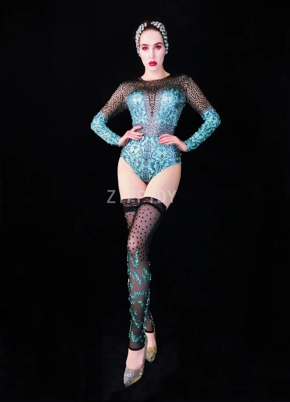 

Fashion Black Blue Rhinestones Bodysuit Leggings Women's Dance Singer Evening Wear Prom Stage Bar Birthday Celebrate Outfit