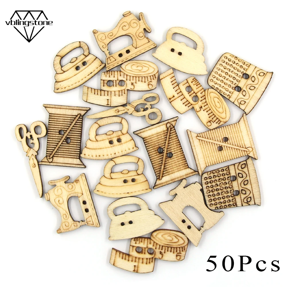 50pcs Fancy Wooden Button Sewing Machine Shape Button For Clothes Decorative Scissor Buttons for Crafts Scrapbooking DIY