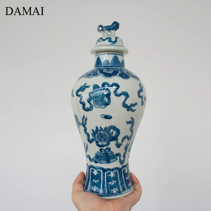 Lion Decorative Ceramic Vase Chinese Painted Vintage Blue White Porcelain Crafts Flowers Vases Living Room Decoration Ornaments