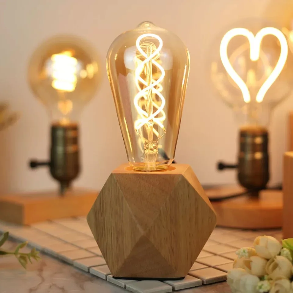 OuXean E27 Small Table Lamp Night-stand Lamp with Diamond Wooden Base Beside Lamp Modern Design Light Perfect for Living room