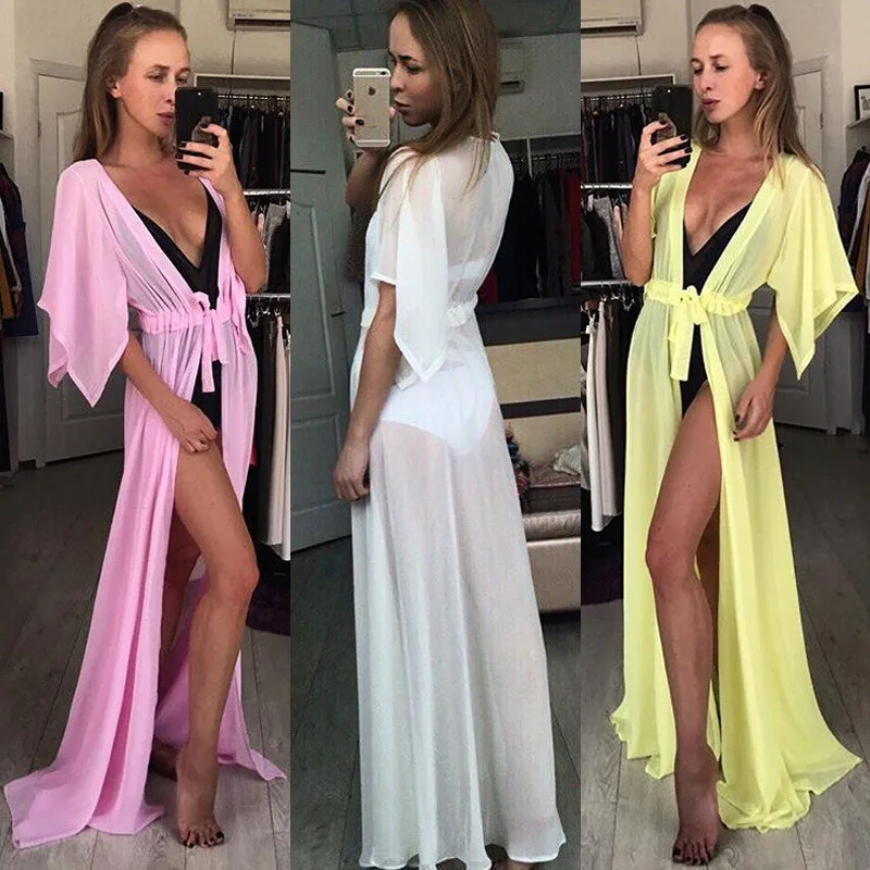 New Women Beach Cover Up Sexy Bikini Chiffon Long Dress For Women Solid Beach Dress Women Summer Bathing Suit Beach Tunic Kaftan