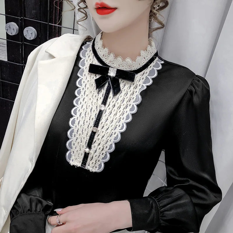 Vintage Medieval Victorian Blouse Royal Court Palace Shirt Steampunk Gothic Shirt Stand Neck Ladies Women Pullover Bow Lace Tops