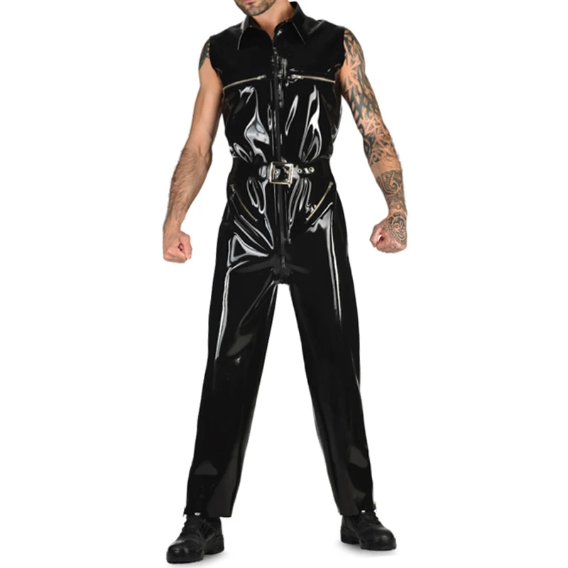 Black Sexy Loosely Latex Catsuit Sleeveless Front To Crotch Zip Breasts Zipper Rubber Bodysuit Overall Zentai Body Suit LTY-0294