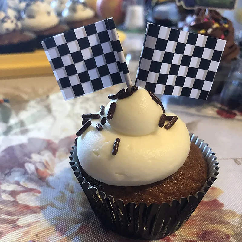 48pcs  Checkered Black and White Racing Stick Flag 100pcs Checkered Baking Cups Cupcake for Race Car Party Birthday Decorations
