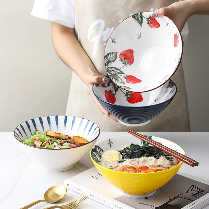 

Ramen Bowl Instant Noodle Salad Bowl Porcelain and Ceramics Cutlery Household Big Soup Bowl Underglaze Color