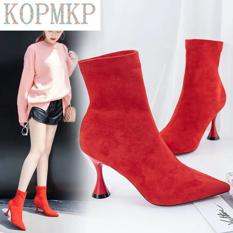 2021 New Fashion Women Ankle Boots Pointed Toe High Heel Stiletto Soft Suede Slip-on Boot Purple Black Red Cozy Botas Flock