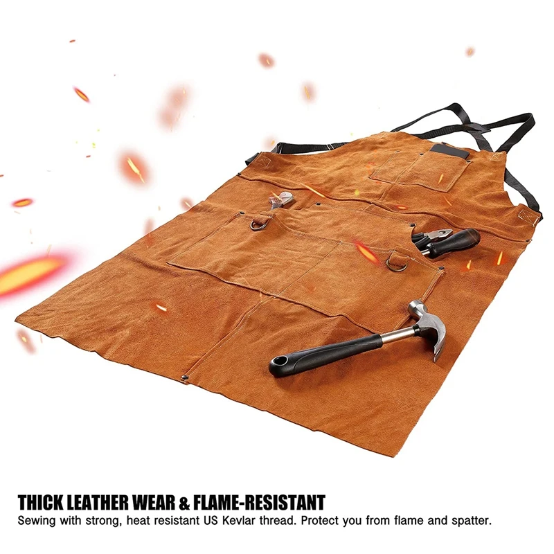 Leather Welding Apron Heat Flame-Resistant Heavy Duty Work Forge Apron With 6 Pockets 42Inch Large