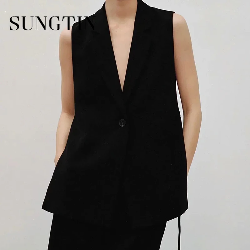 Sungtin Vintage Solid Lace Up Hole Long Vests Women Summer Fashion Black Loose Waistcoat Vest Elegant White Design Waistcoats