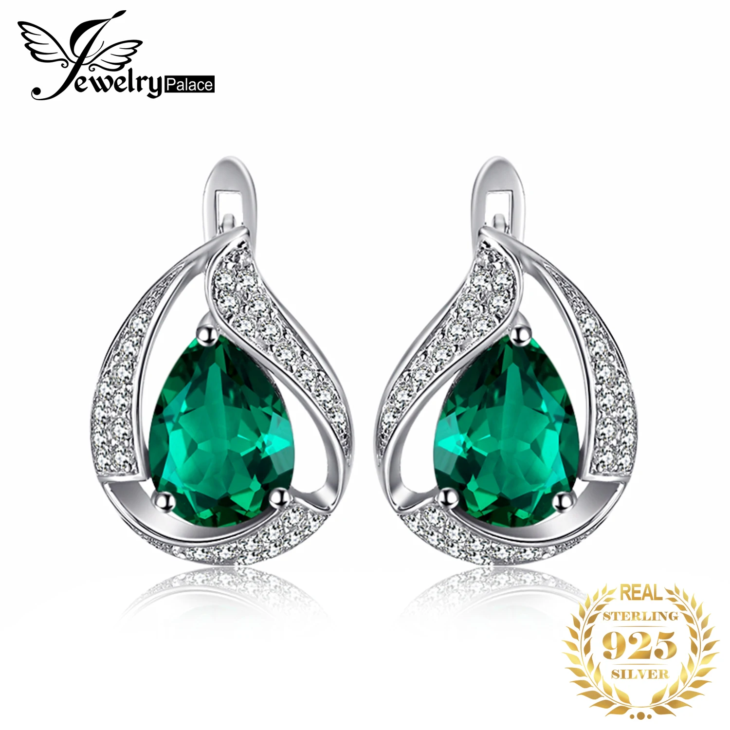 

JewelryPalace Green Simulated Nano Emerald 925 Sterling Silver Hoop Clip Earrings for Women Statement Pear cut Gemstone Jewelry