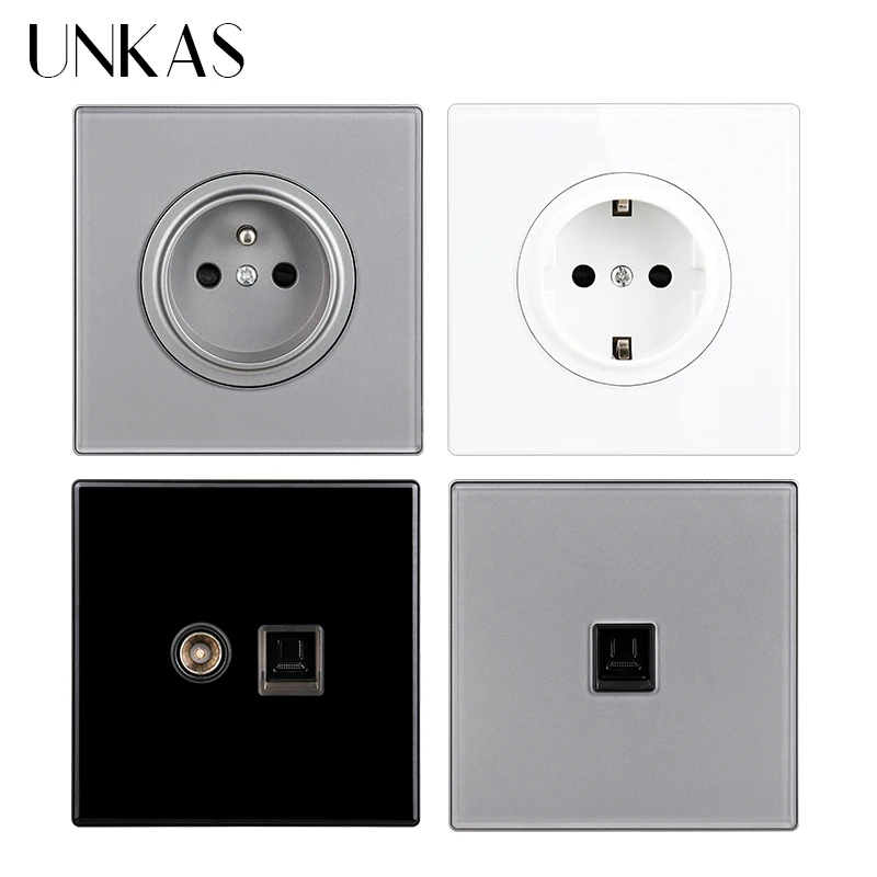 

UNKAS White Gray Black EU French 16A Wall Power Socket Grey TV RJ45 Internet Dual Computer Jack RJ12 Telephone Port Outlet