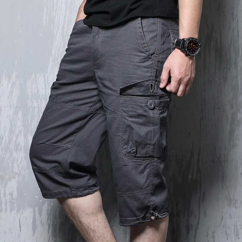 Summer Long Length Cargo Shorts Men Knee Multi Pocket Casual Cotton Elastic Waist Bermudas Male Military Style Hot Breeches