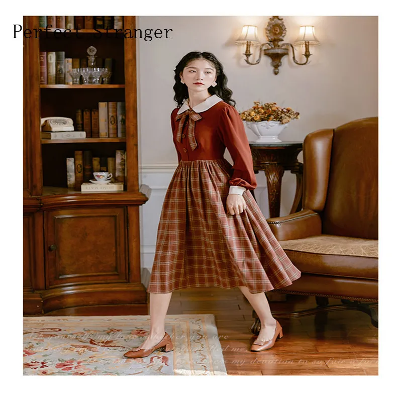 High Quality 2021 Spring New Arrival  Elegant  Peter Pan Collar Plaid  Lantern  Sleeve Bowknot  Woman Retro  Long Dress