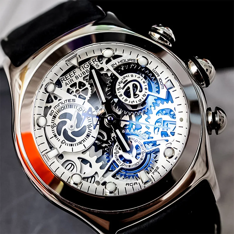 Reef Tiger/RT Casual Sport Watches for Men Blue Skeleton Dial Leather Strap Steel Waterproof Analog Watches Relogio RGA792