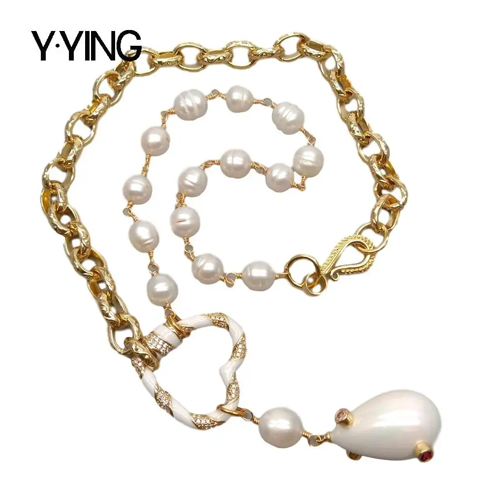 

Y·YING natural White Rice Freshwater Pearl Chain Necklace Sea Shell Pearl Pendant 20"