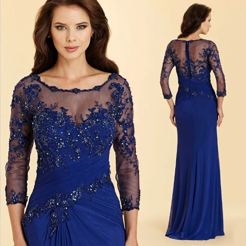 Pizzo perline blu Navy Plus Size guaina abiti per la madre della sposa per matrimoni abiti da madrina in Chiffon abiti 2021