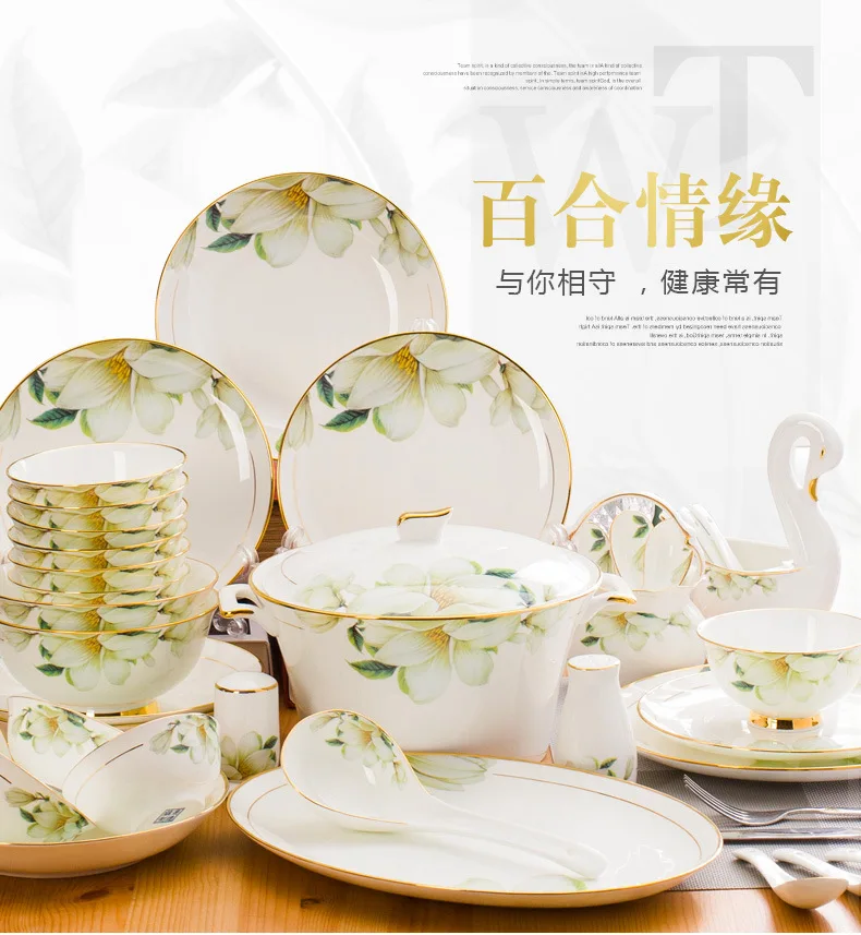 Wedding Jingdezhen Ceramic guci  tableware set 60 pieces of green lily with gold border bone porcelain bowls and plates