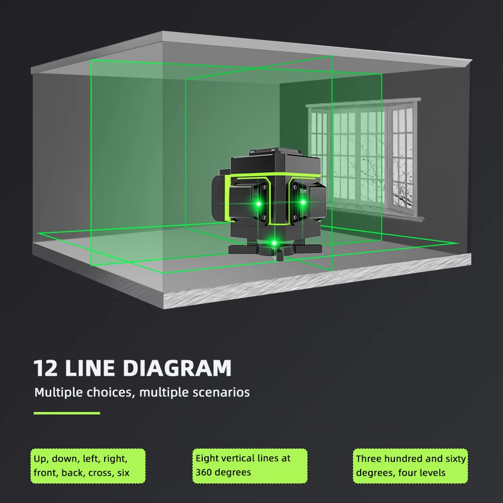 Laser Level 12 Lines 3D Self-Leveling 360 Horizontal And Vertical Cross Super Powerful Green Laser Beam Line