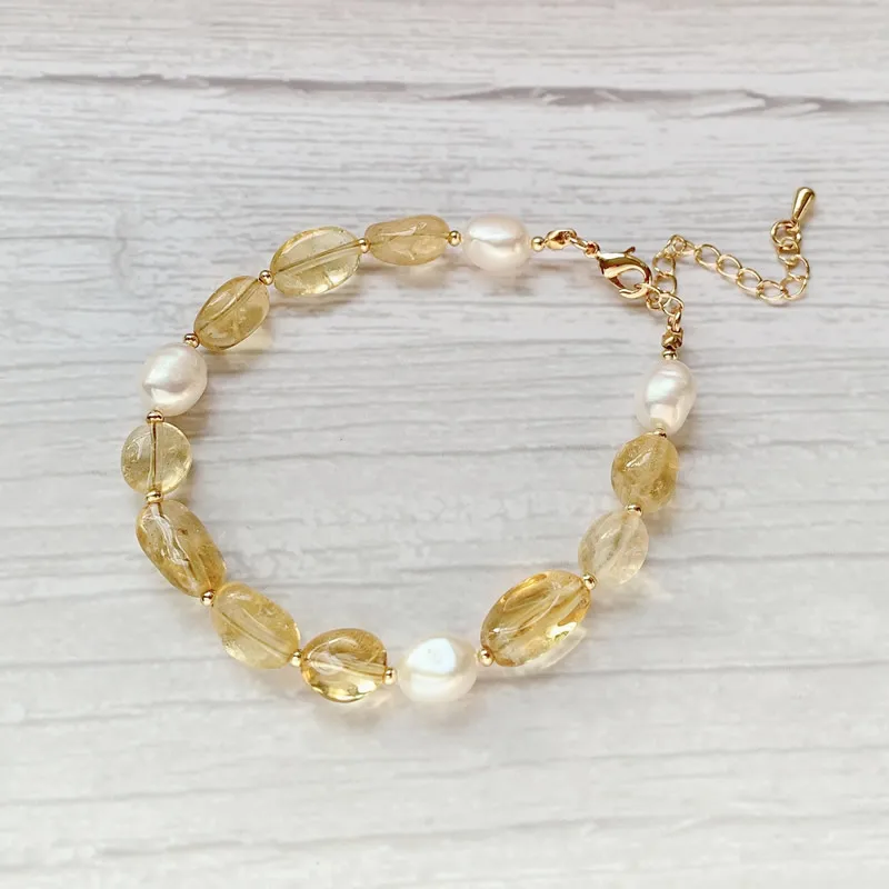 Rock Crystal Mineral Stone Strand Bracelet Baroque Freshwater Pearl Charm Natural Citrines Yellow Quartz Bracelet for Women Girl