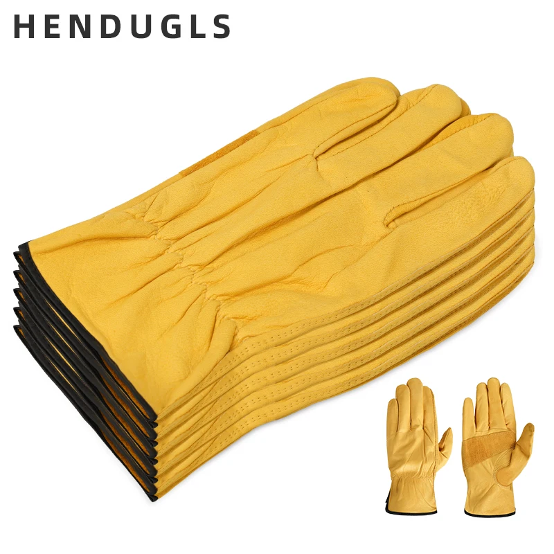 

HENDUGLS 5pcs Working Driving Thick Cowhide Leather Protection Safety Gloves Yellow Warm Anti-slip Wear-resistant Glove H92-1