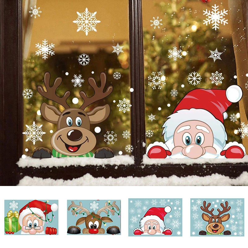 Christmas Wall Stickers Double Side Static Sticker Santa Claus Deer Xmas Tree Window Room Snowflakes New Year Decor Sticker