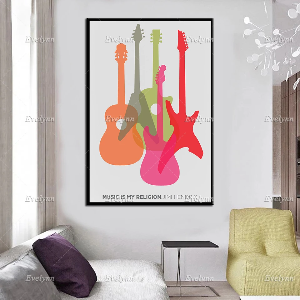 Guitar Gifts,Jimi Hendrix Art Print,Music Is My Religion - Inspirational Quote Poster,Colorful Electric Guitar Home Decor Canvas