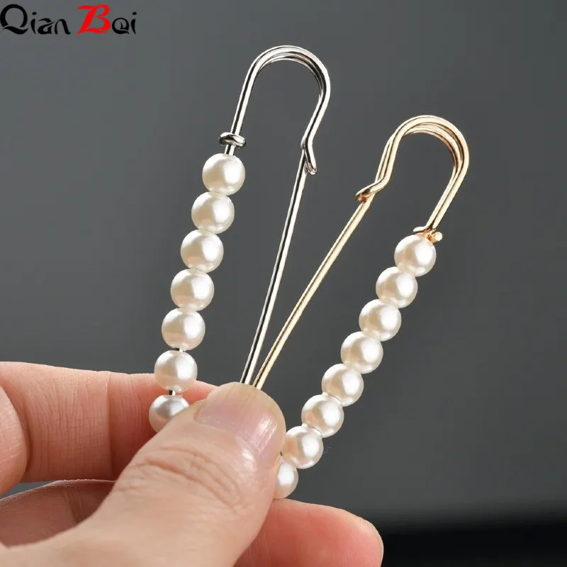QianBei Fixed Straps Anti Slip Pin Jewelry Simple Enamel Big Pearl Brooch Women Charm Accessories Cardigan Anti Wearing Pins