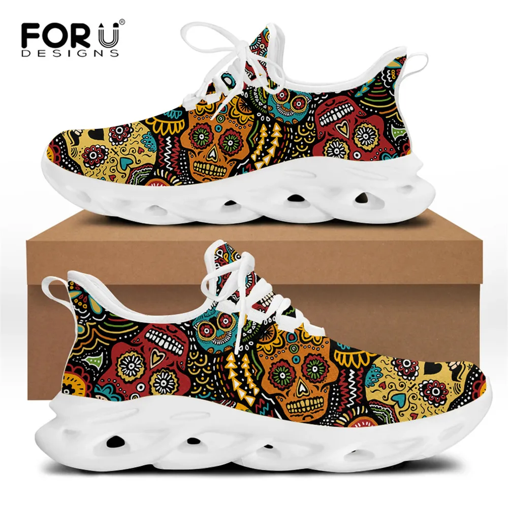 FORUDESIGNS Classic Sugar Skull Printed Men Casual Sneakers Brand Designer Flats Lace-up Breathable Men\'s Walking Shoes Summer