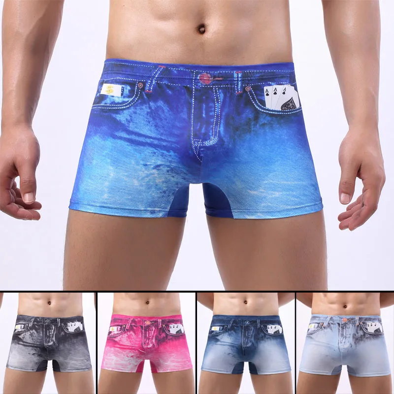 Cueca masculina impressão denim sexy boxer homme marca nova qualidade superior moda calcinha