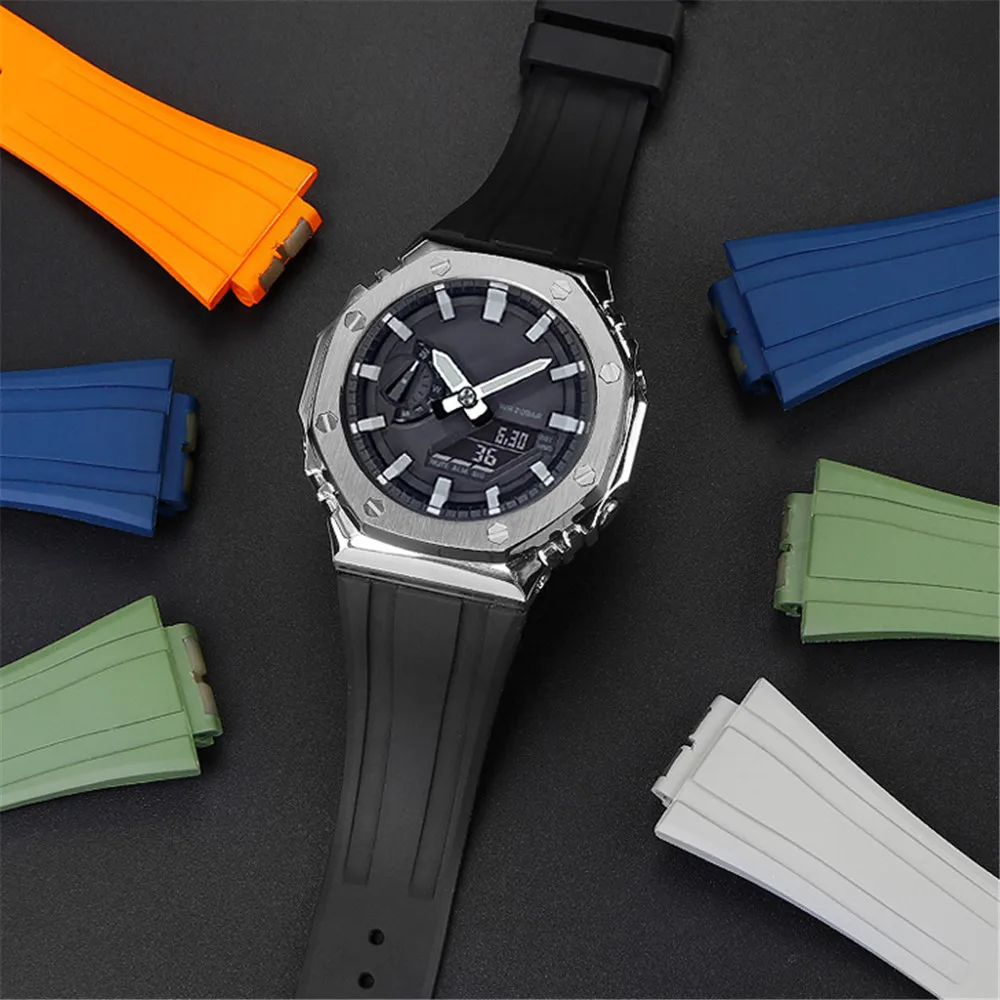 Premium Fluoro Rubber Watch Band for Casio G-SHOCK GA-2100 2110 GM-110 GM-5600 Men Sport Silicone Metal Butterfly Buckle Strap