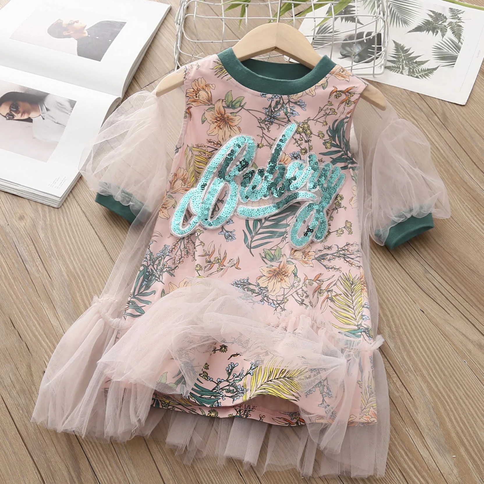 2024 Summer New Design 3 4 5 6 8 10 12 14 Years Lace Patchwork Flower Glitter Print Half Sleeve Cotton Kids Girls Lining Dress