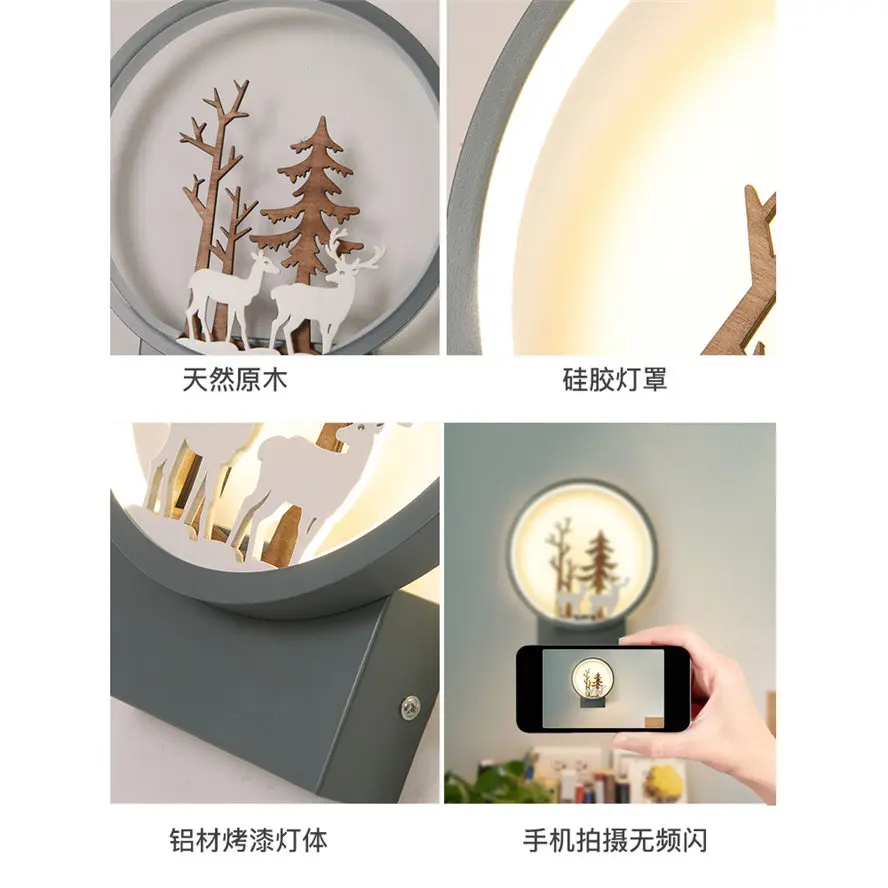 nordic wood ring deer wall lamp for bedroom bedside restaurant Christmas decoration sconces light fixtures hallway led luminaire