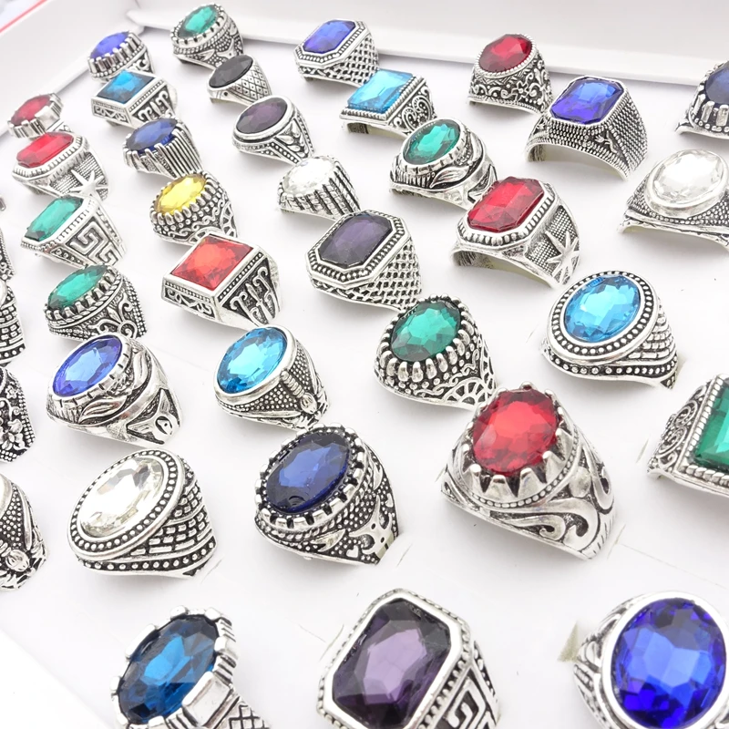 

MIXMAX 50PCs Vintage Jewelry Rings For Men Women Antique Silver Plated Carved Patterns Colorful Glass Stone Fashion Jewelry