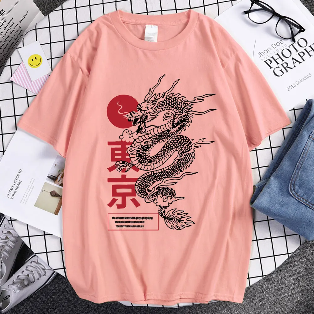 Women\'s T-shirt Vintage Chinese Dragon Print Loose Top Summer New Harajuku O-neck Short-sleeved T-shirt Gothic Streetwear