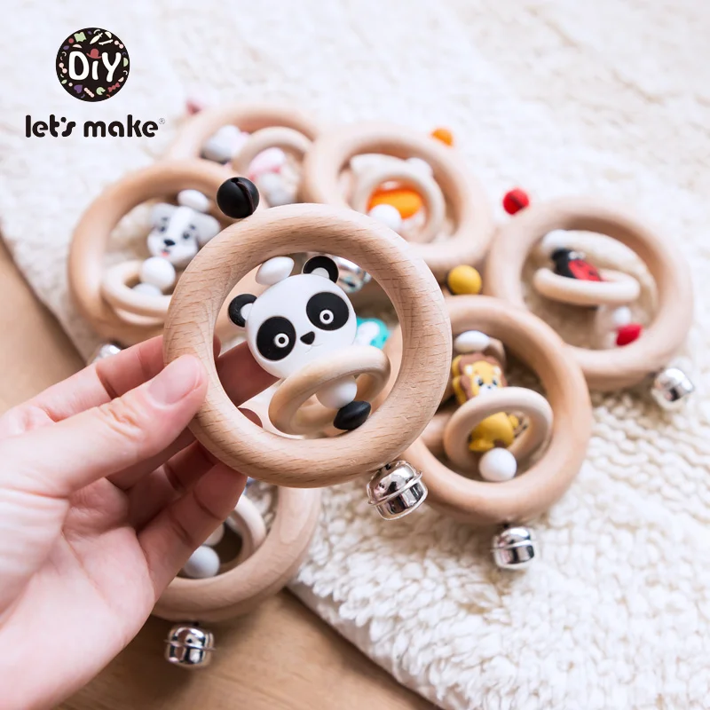 Baby Toys 1pc Silicone Beads Cartoon Rattle Teething Ring Of Beech Wood 0-12 Moths Children Christmas Gifts Stroller Let's Make