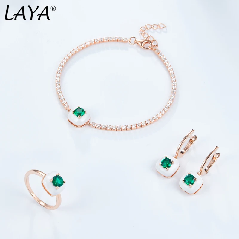 Laya Pure 925 Sterling Silver Shining Zircon White Handmade Enamel Tennis Bracelet Earrings Ring Sets For Women Fine Jewelry