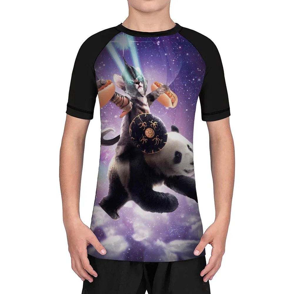 Custom Laser Eyes Space Cat Galaxy Youth Unisex Performance Short Sleeves BJJ Rash Guards Wrestling Jiu Jitsu Nogi