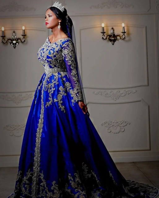 Royal Blue Vestidos De Fiesta Arabic Traditional Wedding Dresses Appliqued  Long Sleeves Bridal Gowns Robe De Soirée De Mariage - Wedding Dresses -  AliExpress