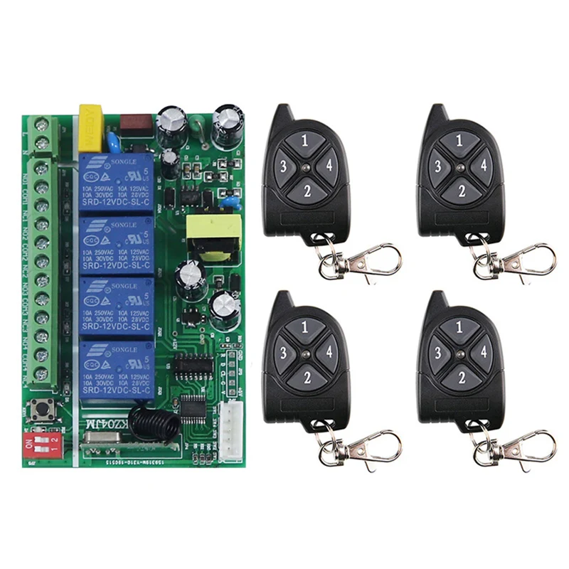 

433 Mhz AC85V-256V 4CH 4 CH 10A Relay Radio Remote Control Switch Receiver &1 2 3 4 Transmitter Learning Code window/Garage Door