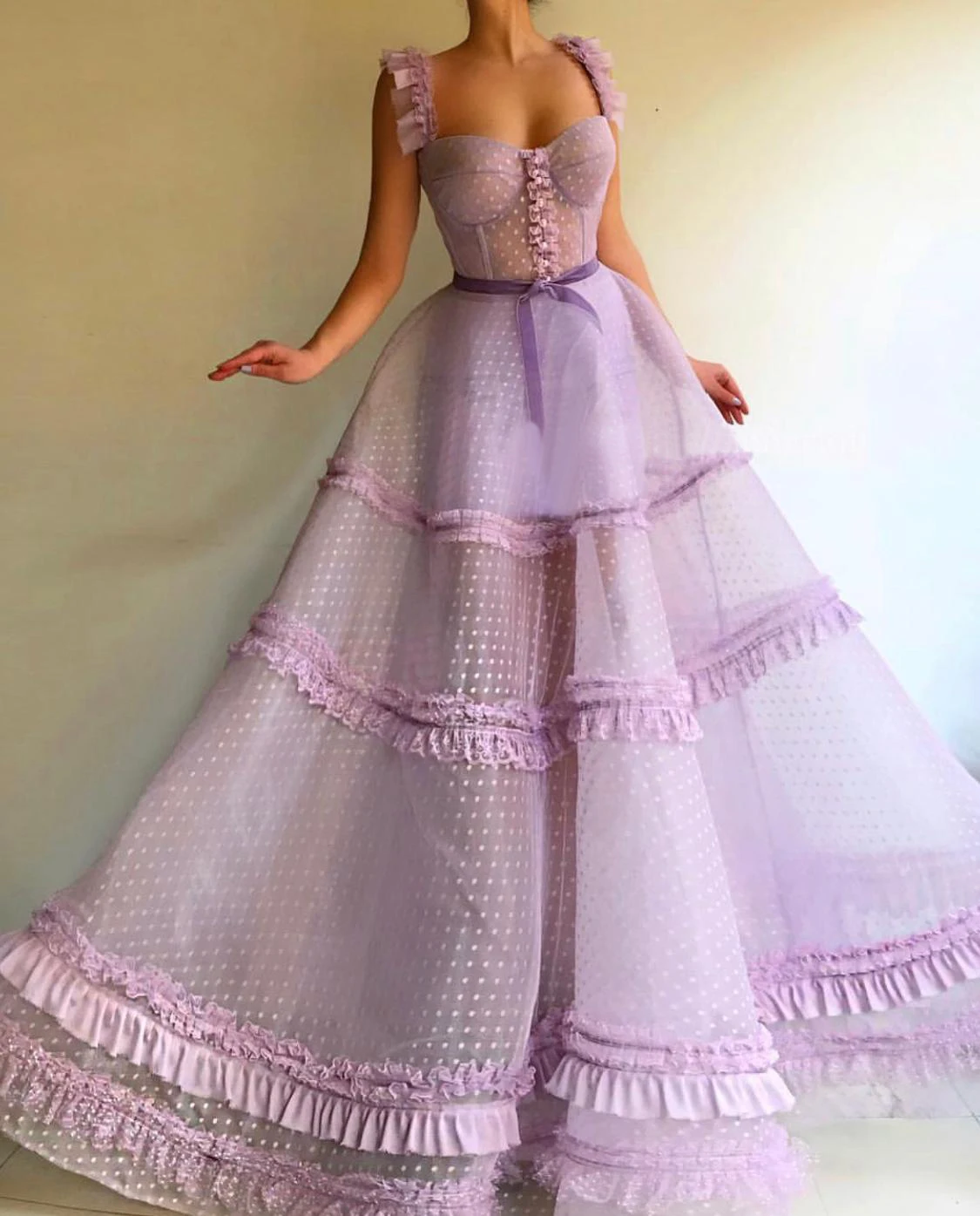 BridalAffair Lavender Tulle Maxi Prom Dresses Spaghetti Straps Floor Length A Line Wedding Party Dresses Open Back Evening Gowns