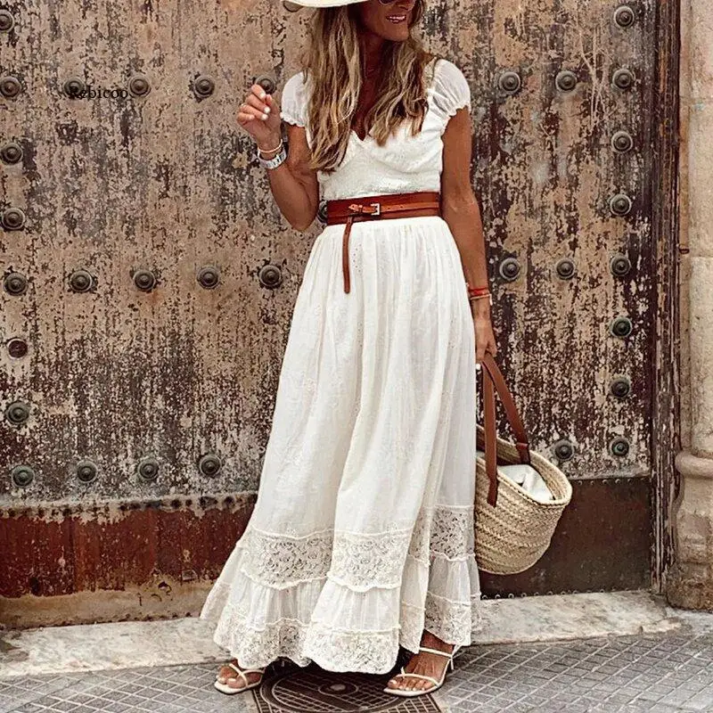 

Summer dress sundress Women Vintage V Neck white tunics Ladies Long Dress Female Hollow Lace Bohemian short sleeve Maxi Dresses