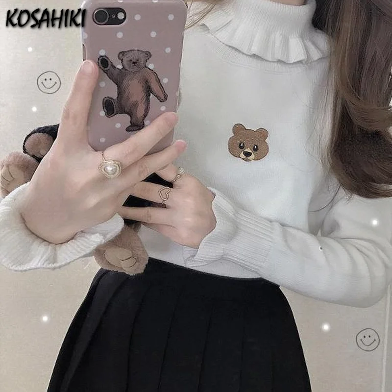 KOSAHIKI New Autumn Bear Embroidery Sweaters Fashion Cute Ruffle Turtleneck Pullovers Women Bastic Kintting Jumper Japan Style