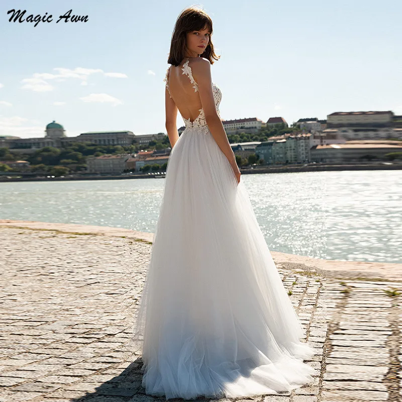 Magic Awn Nieuwe Tulle Beach Trouwjurken Kant Applicaties Illusion Backless Bruidsjurken A-lijn Boho Aangepaste Robe De Mariee