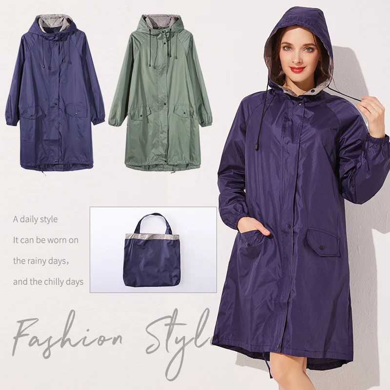 Womens Stylish Long Raincoat Waterproof Rain Coat Jacket with Drawstring Hood for Hiking Travelling Blue Green Color